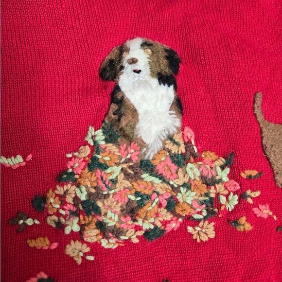 VINTAGE 90s red Talbots dog felted‎ fall leaves button up holiday cardigan S/M - Picture 9 of 12